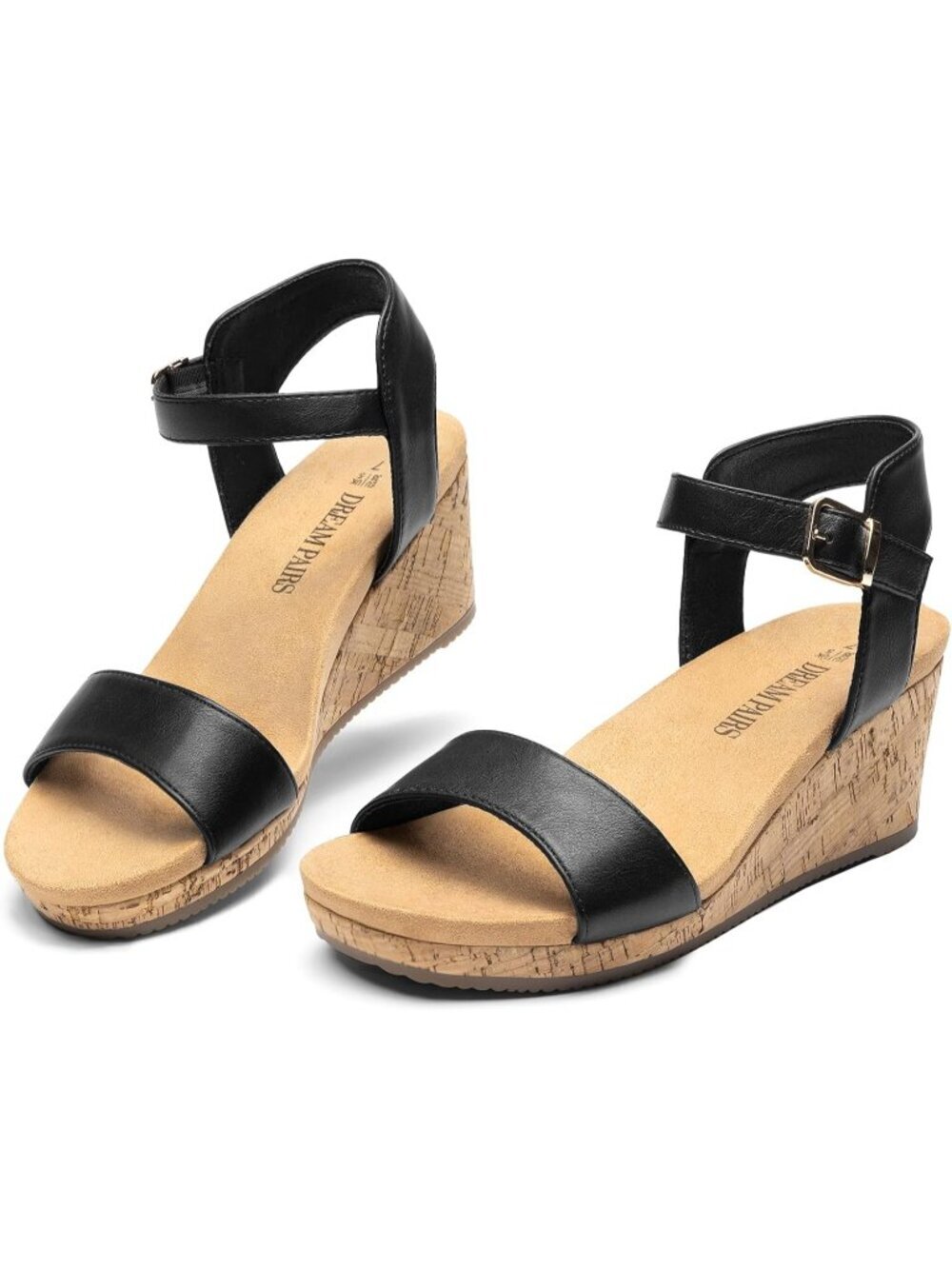 Women's Wedge Sandals Cork Black Open Toe Ankle Strap Buckle Dressy Summer Shoes